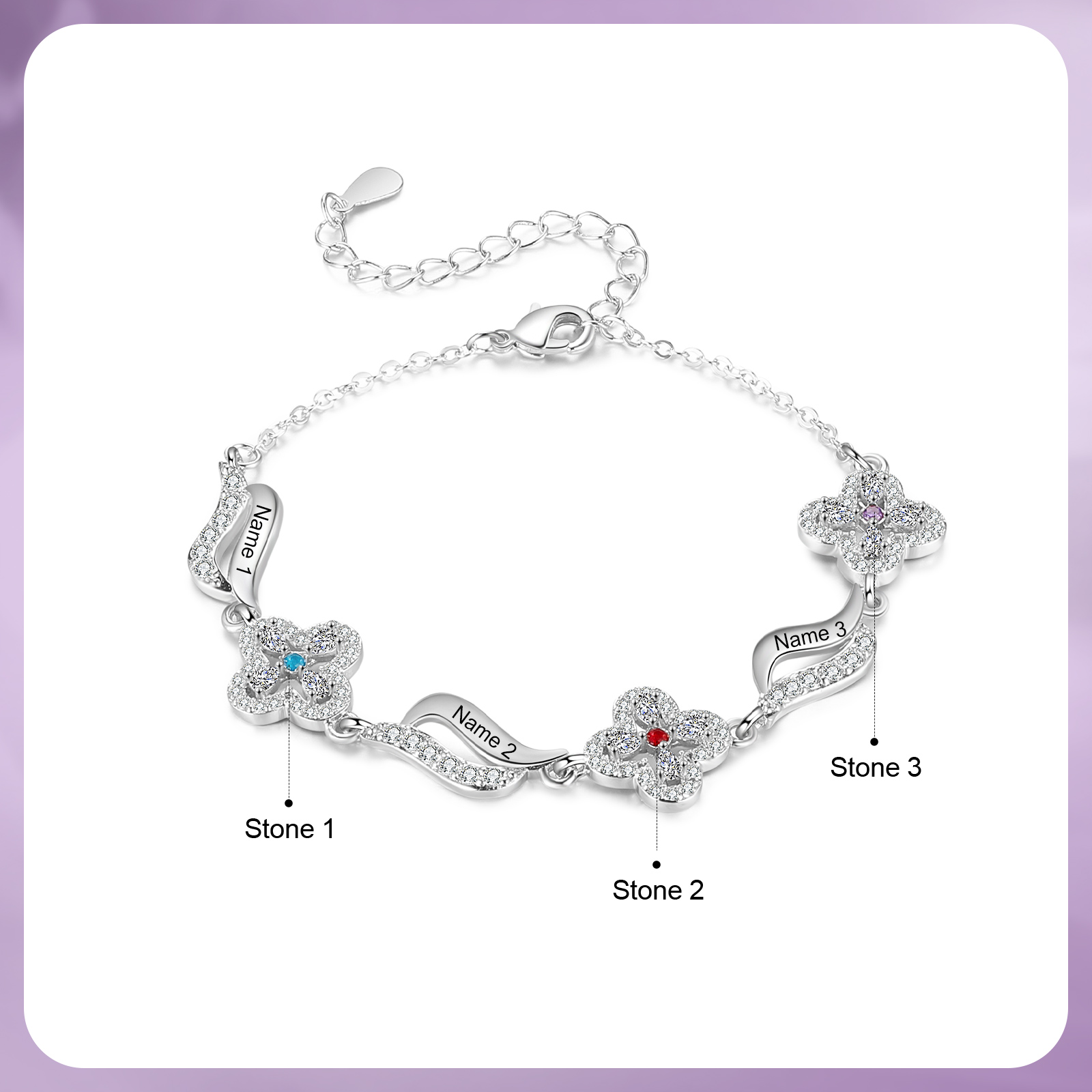 3 Names - Personalized Birthstone Bracelet, Customized 3 Names and Birthstone, Flower Bracelet Gift for Nan