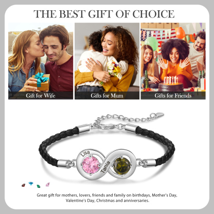 Personalised Infinity Bracelets Custom 2 Birthstones & 2 Names Adjustable Bracelet Gift for Her