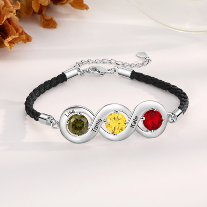 Personalised Infinity Bracelets Custom 3 Birthstones & 3 Names Adjustable Bracelet Gift for Her
