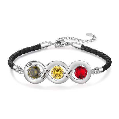 Personalised Infinity Bracelets Custom 3 Birthstones & 3 Names Adjustable Bracelet Gift for Her
