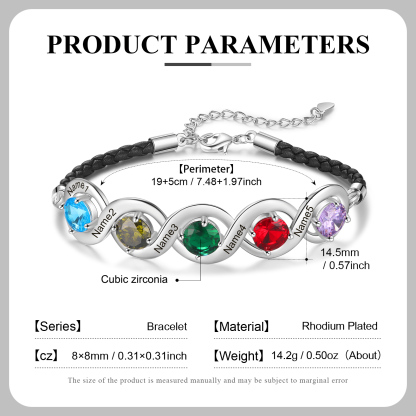 Personalised Infinity Bracelets Custom 5 Birthstones & 5 Names Adjustable Bracelet Gift for Her