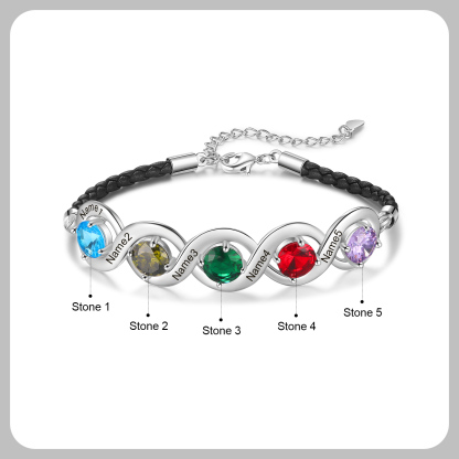 Personalised Infinity Bracelets Custom 5 Birthstones & 5 Names Adjustable Bracelet Gift for Her