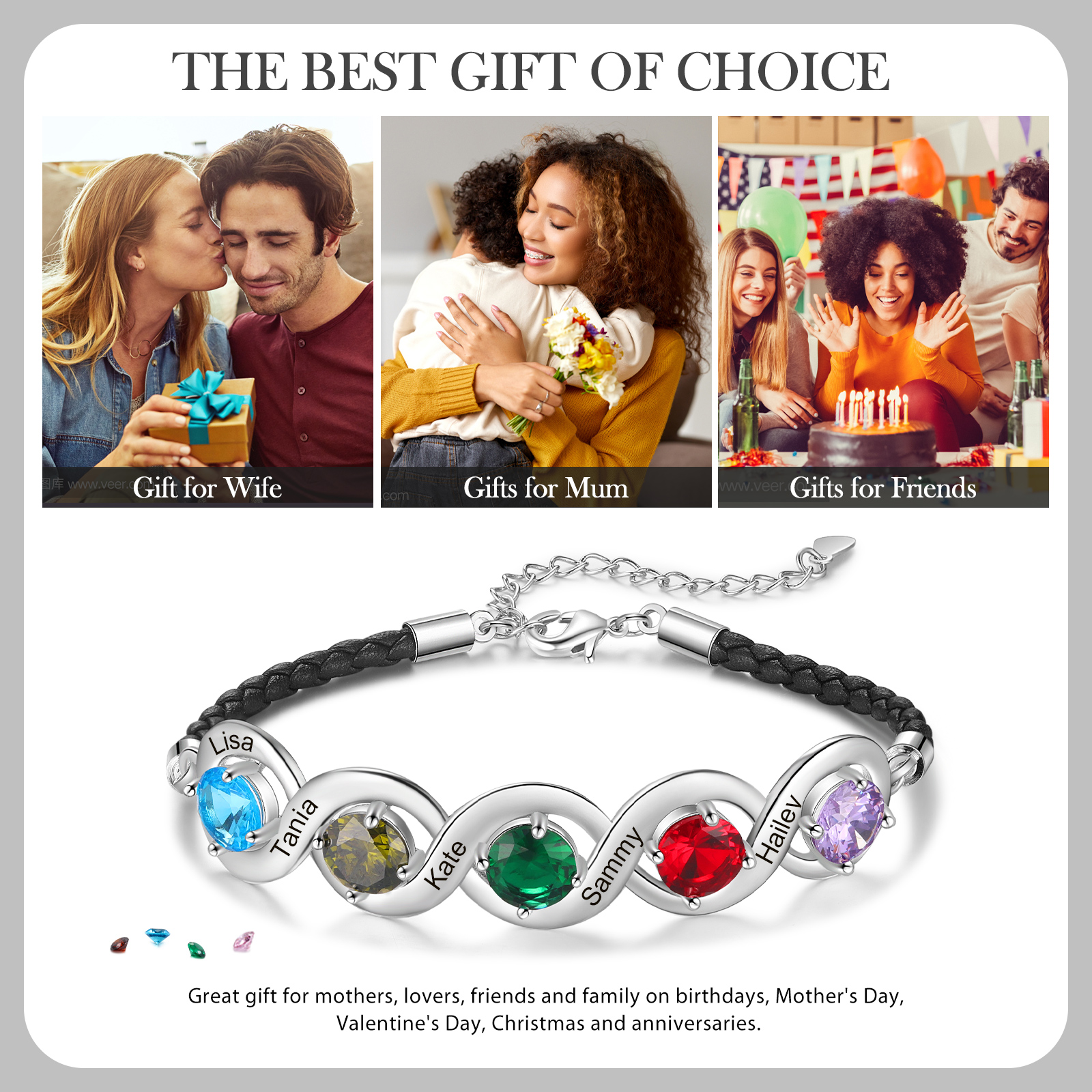 Personalised Infinity Bracelets Custom 5 Birthstones & 5 Names Adjustable Bracelet Gift for Her