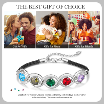 Personalised Infinity Bracelets Custom 5 Birthstones & 5 Names Adjustable Bracelet Gift for Her