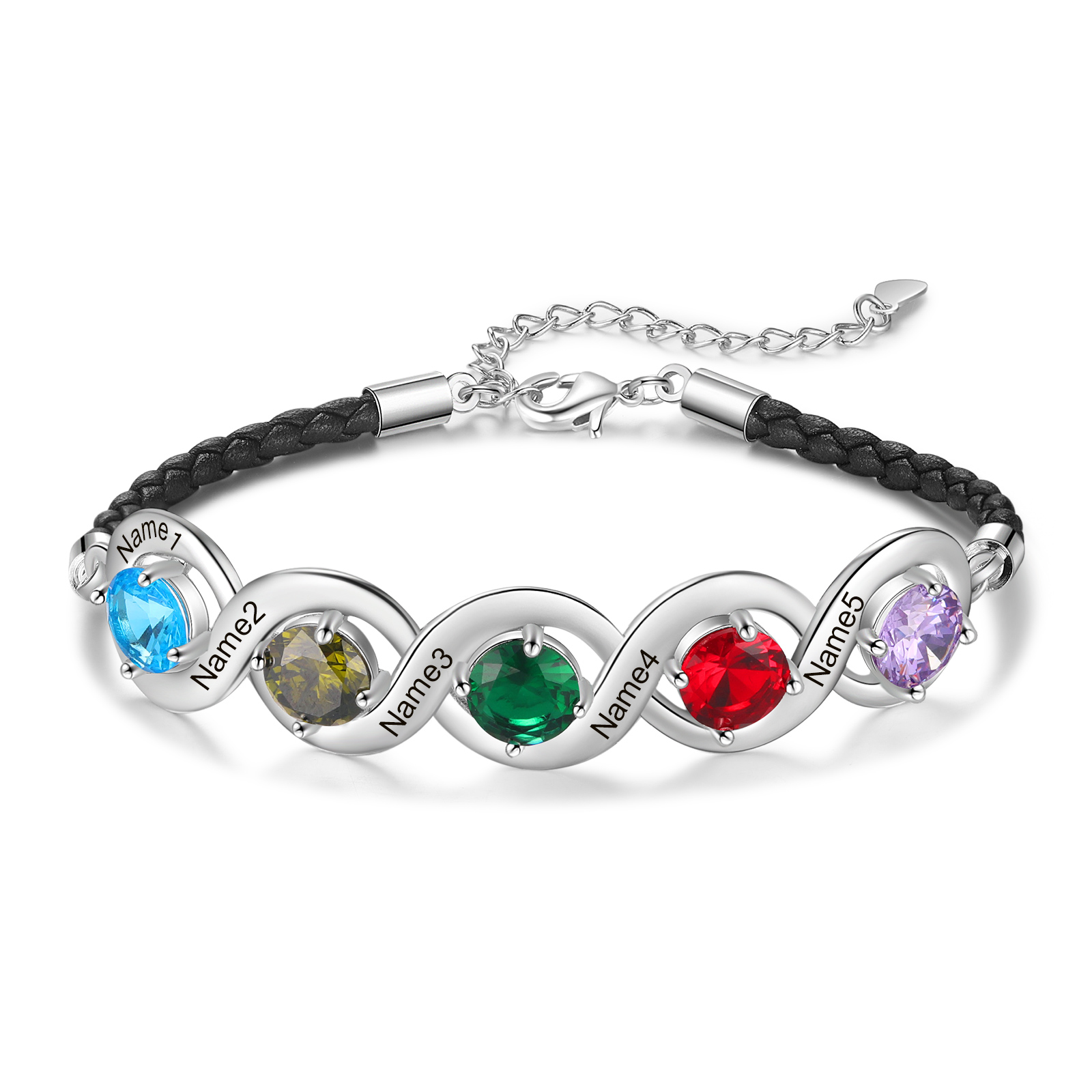 Personalised Infinity Bracelets Custom 5 Birthstones & 5 Names Adjustable Bracelet Gift for Her