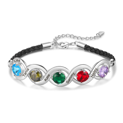 Personalised Infinity Bracelets Custom 5 Birthstones & 5 Names Adjustable Bracelet Gift for Her
