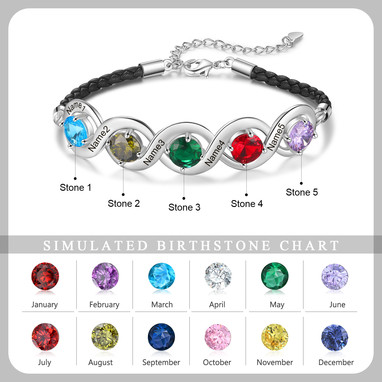 Personalised Infinity Bracelets Custom 5 Birthstones & 5 Names Adjustable Bracelet Gift for Her