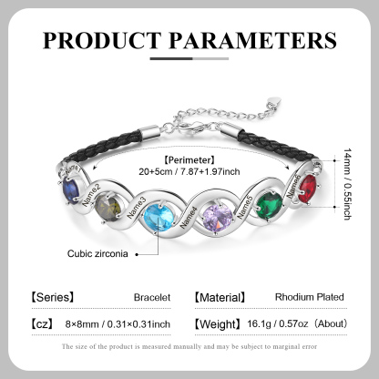 Personalised Infinity Bracelets Custom 6 Birthstones & 6 Names Adjustable Bracelet Gift for Her