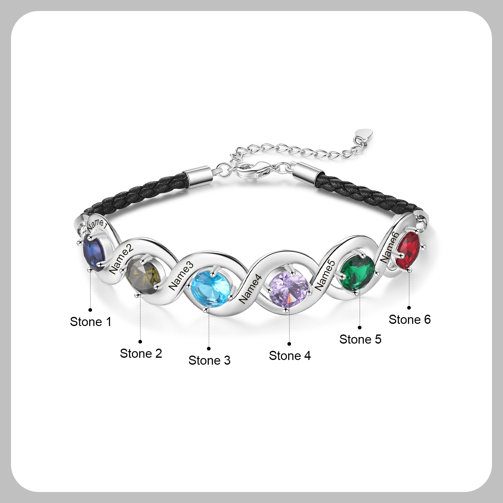 Personalised Infinity Bracelets Custom 6 Birthstones & 6 Names Adjustable Bracelet Gift for Her