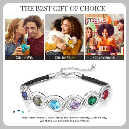 Personalised Infinity Bracelets Custom 6 Birthstones & 6 Names Adjustable Bracelet Gift for Her