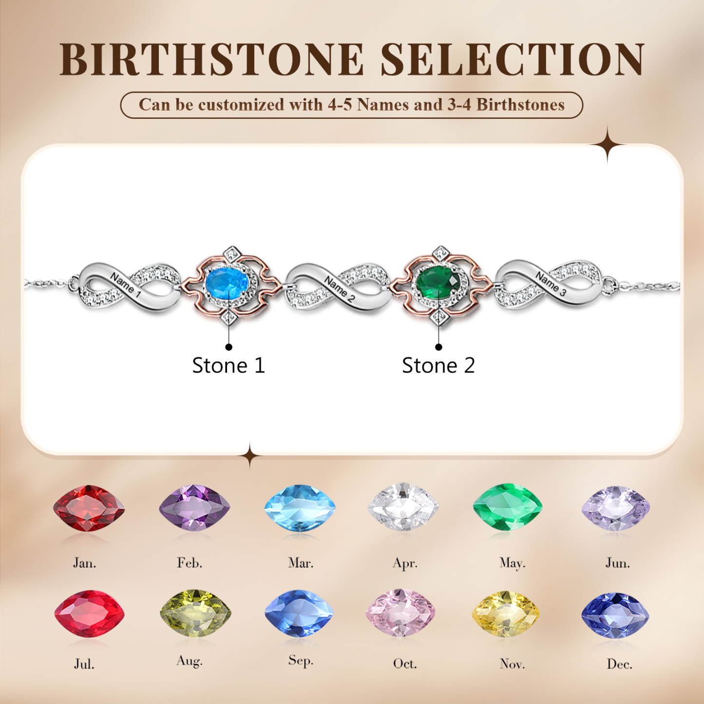 3 Names-Personalized Name Bracelet Customized Bracelet With 2 Birthstones For Her