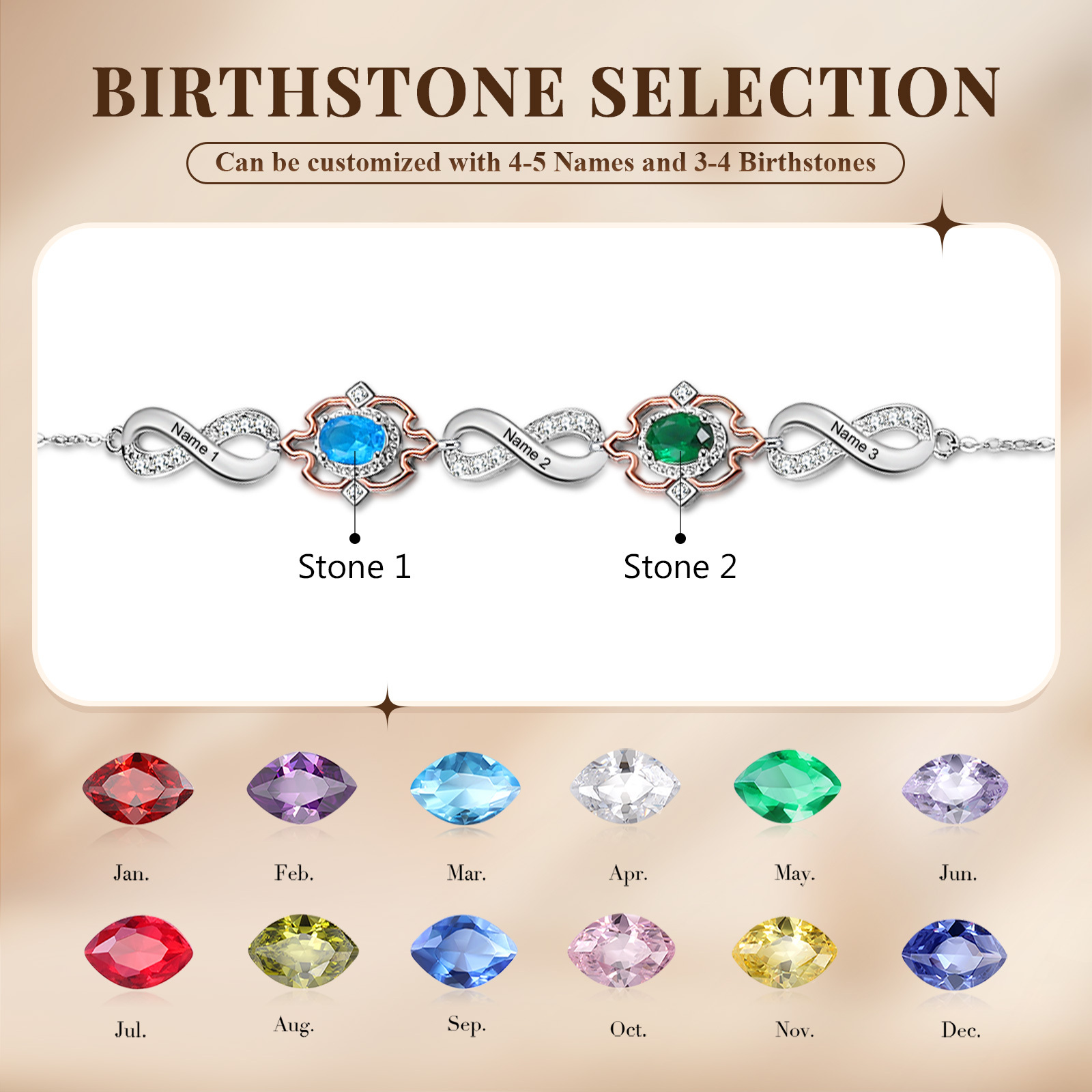 3 Names-Personalized Name Bracelet Customized Bracelet With 2 Birthstones For Her