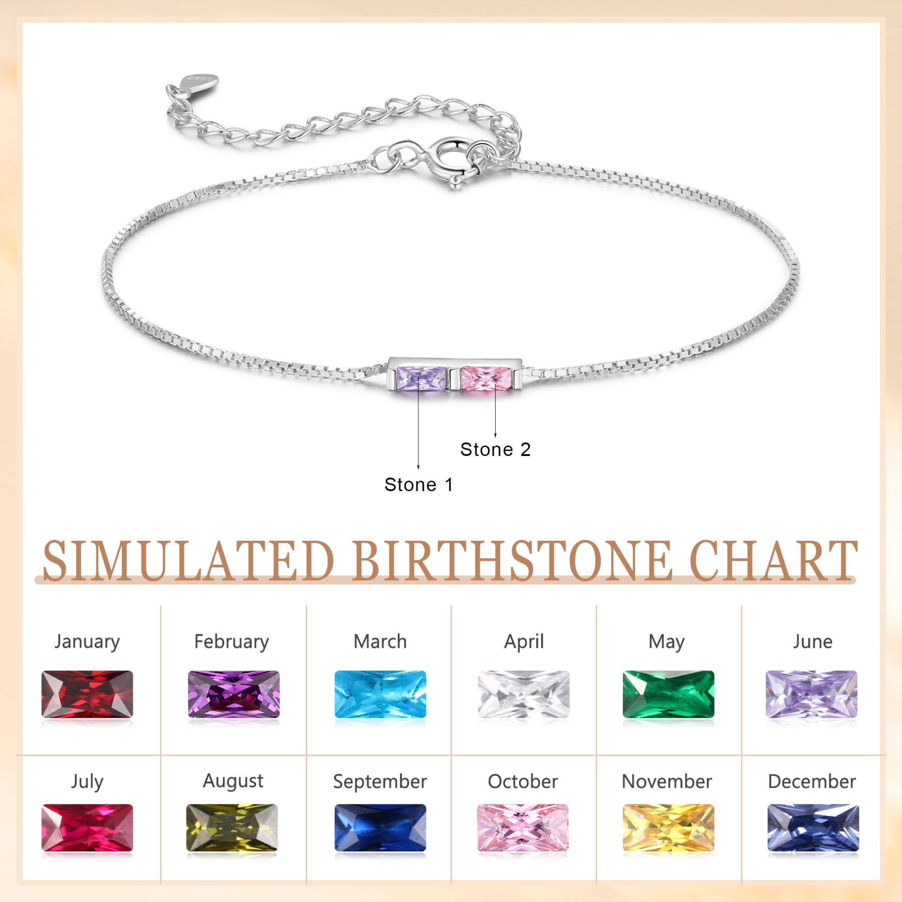 Personalised S925 Silver Women's Bracelet – Custom 2 Birthstones Gift for Nan/Mum/Daughter | Jessemade