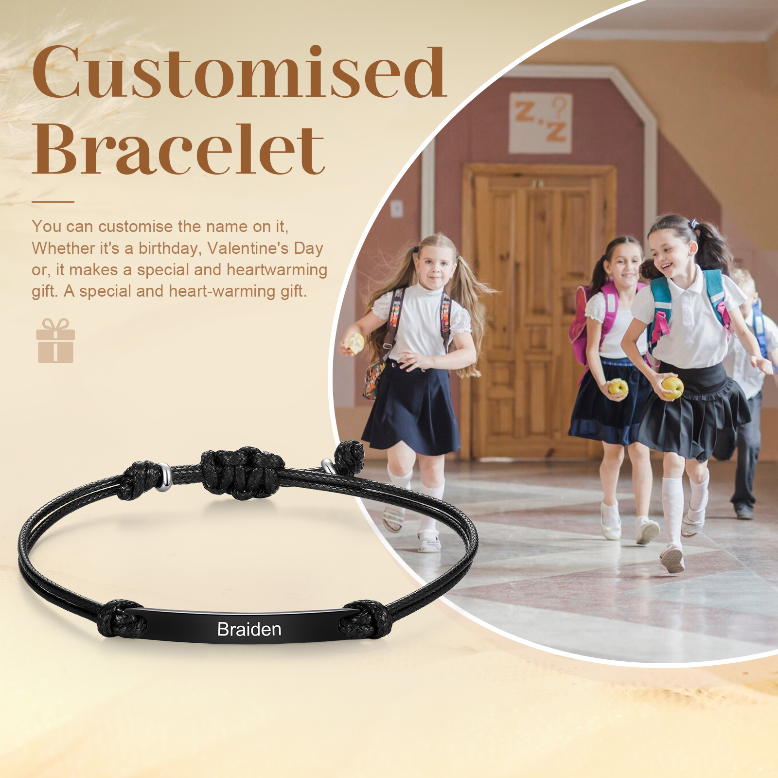 Personalized Name Leather Stainless Steel Bracelet, Back To School Gift For Daughter