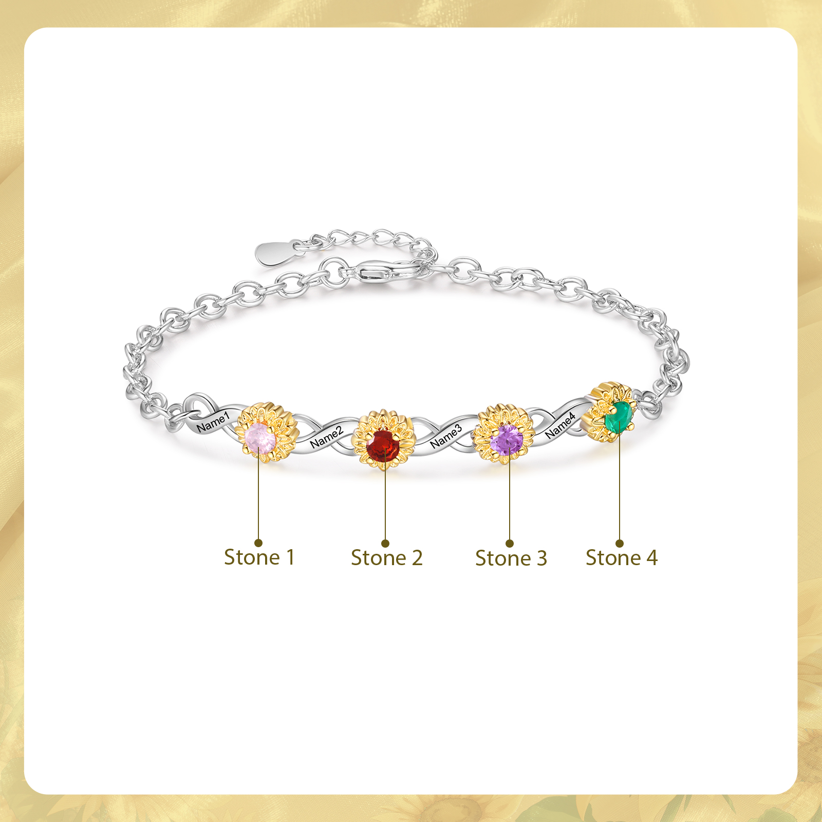 4 Birthstones & Names - Personalized Birthstone Beautiful Bracelet Gift for Her