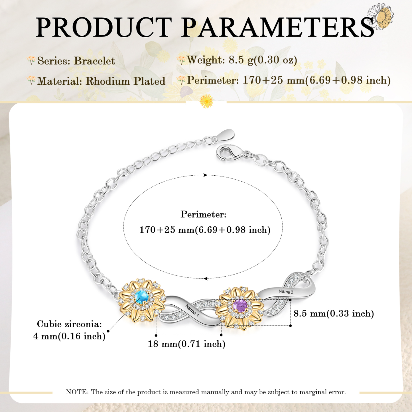 2 Names - Personalized Women's Bracelet Custom 2 Names and 2 Birthstones Sunflower Bracelet for Her