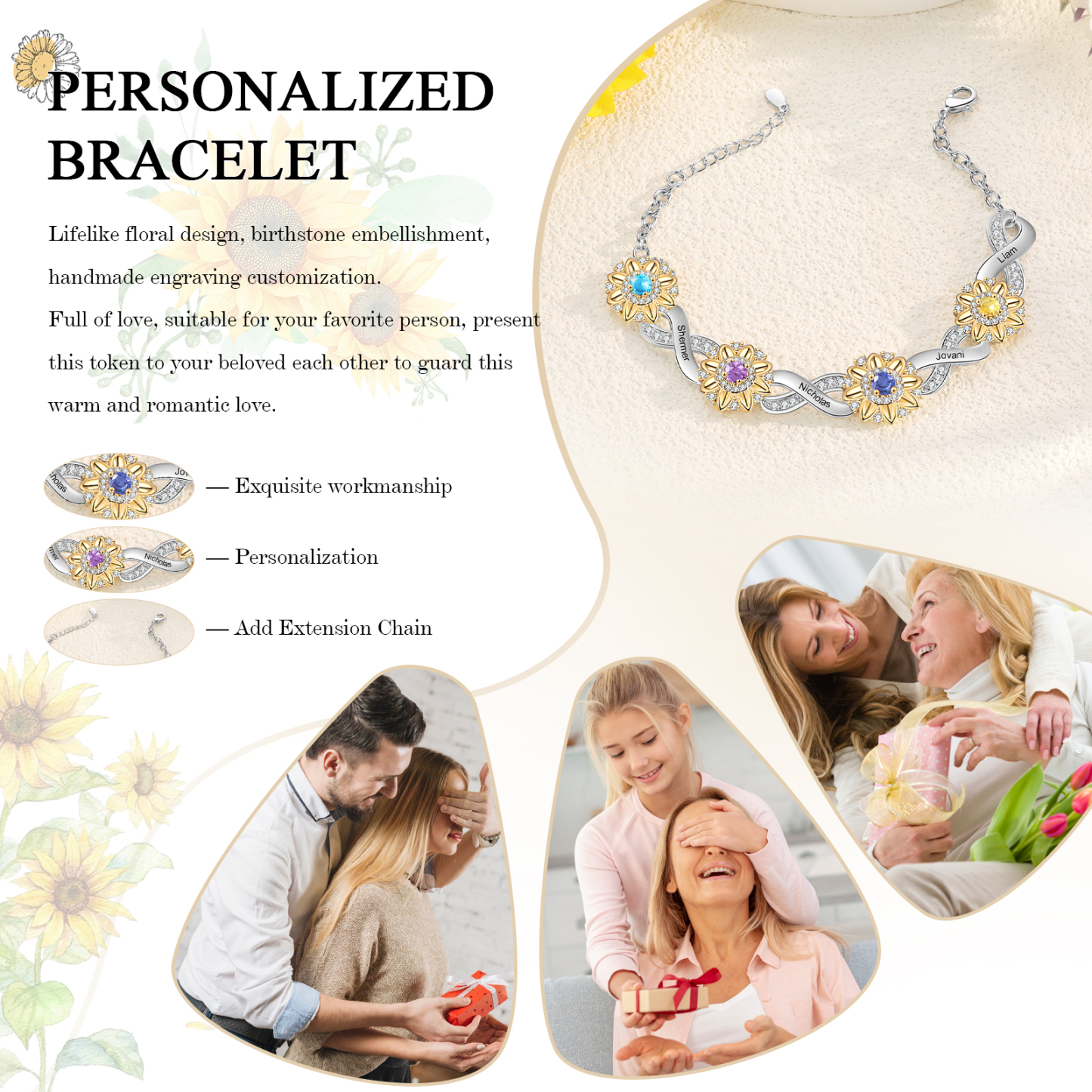 4 Names - Personalized Women's Bracelet Custom 4 Names and 4 Birthstones Sunflower Bracelet for Her