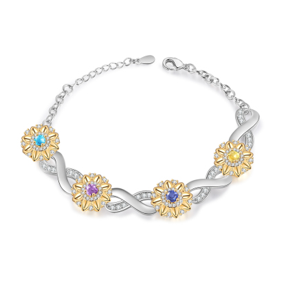 4 Names - Personalized Women's Bracelet Custom 4 Names and 4 Birthstones Sunflower Bracelet for Her