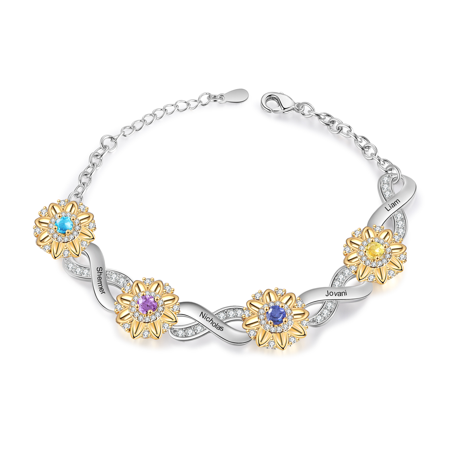 4 Names - Personalized Women's Bracelet Custom 4 Names and 4 Birthstones Sunflower Bracelet for Her