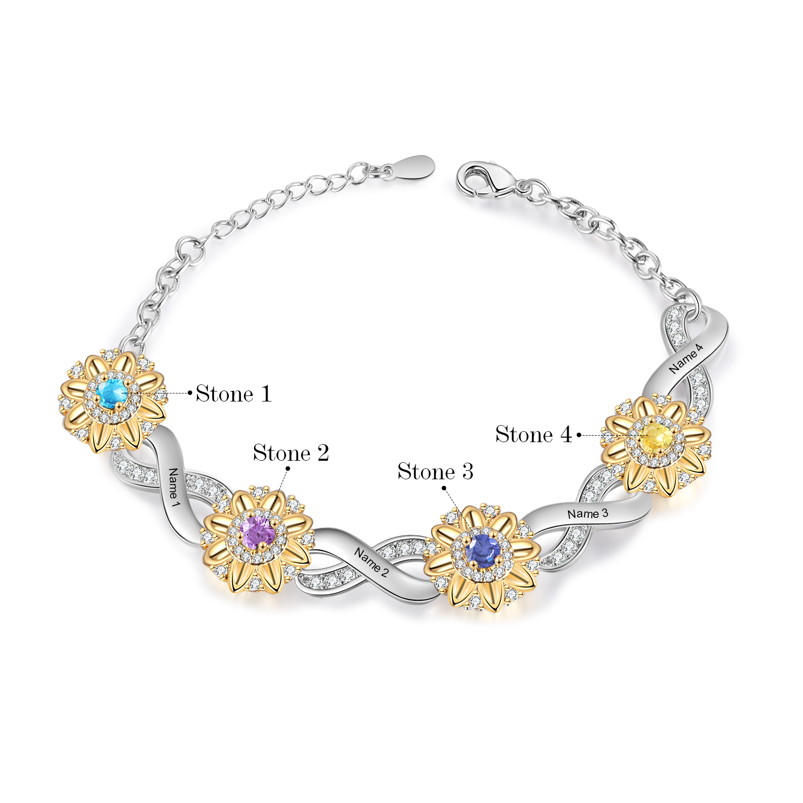 4 Names - Personalized Women's Bracelet Custom 4 Names and 4 Birthstones Sunflower Bracelet for Her
