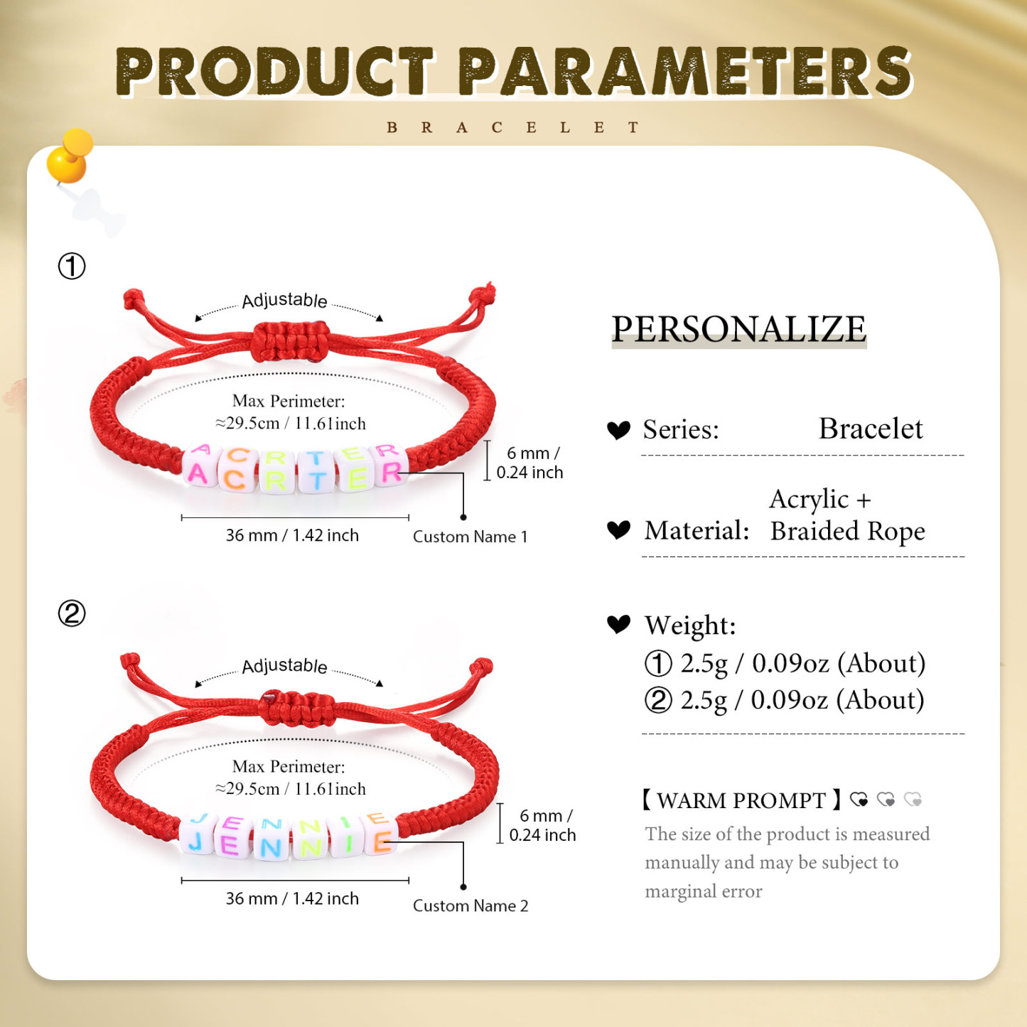 2PCS-Personalized 2 Name Braided Cord Square Handmade Bracelet, Back to School Gift for Daughter