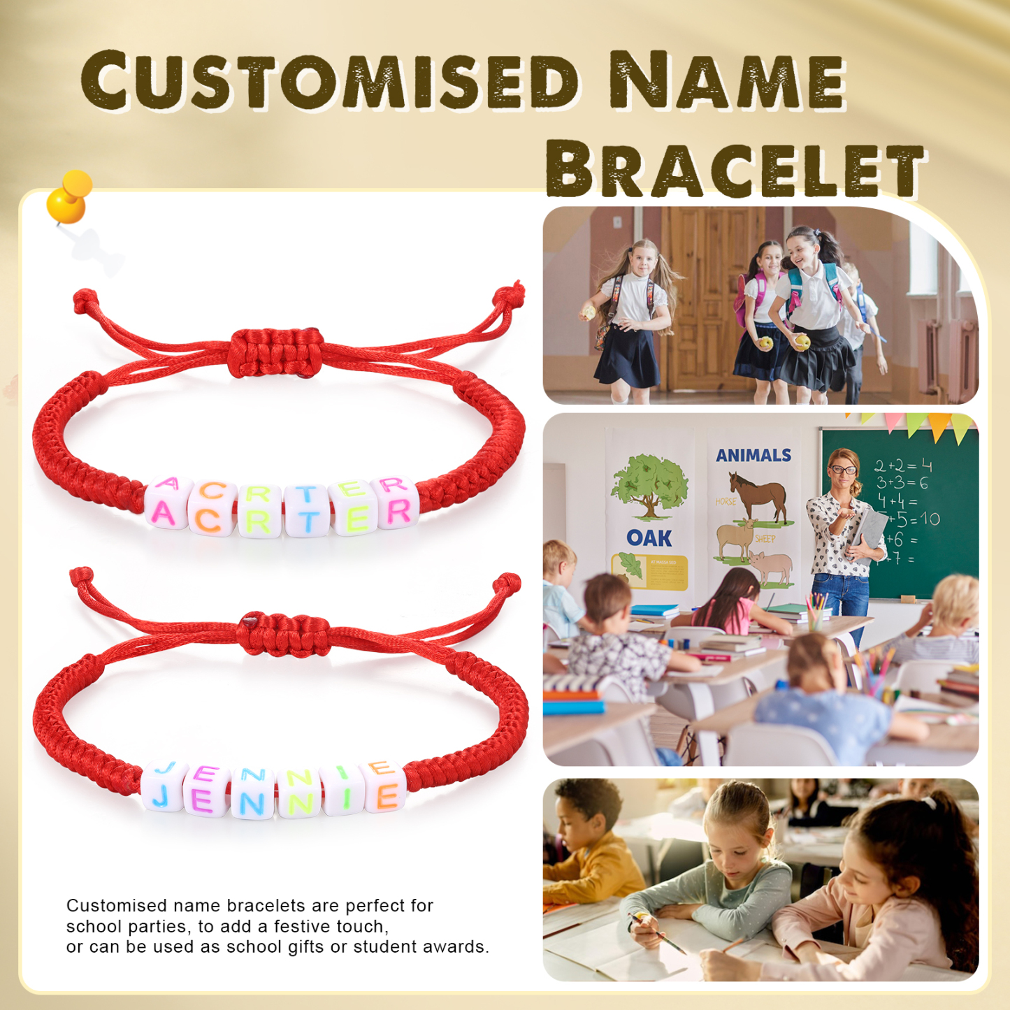 2PCS-Personalized 2 Name Braided Cord Square Handmade Bracelet, Back to School Gift for Daughter