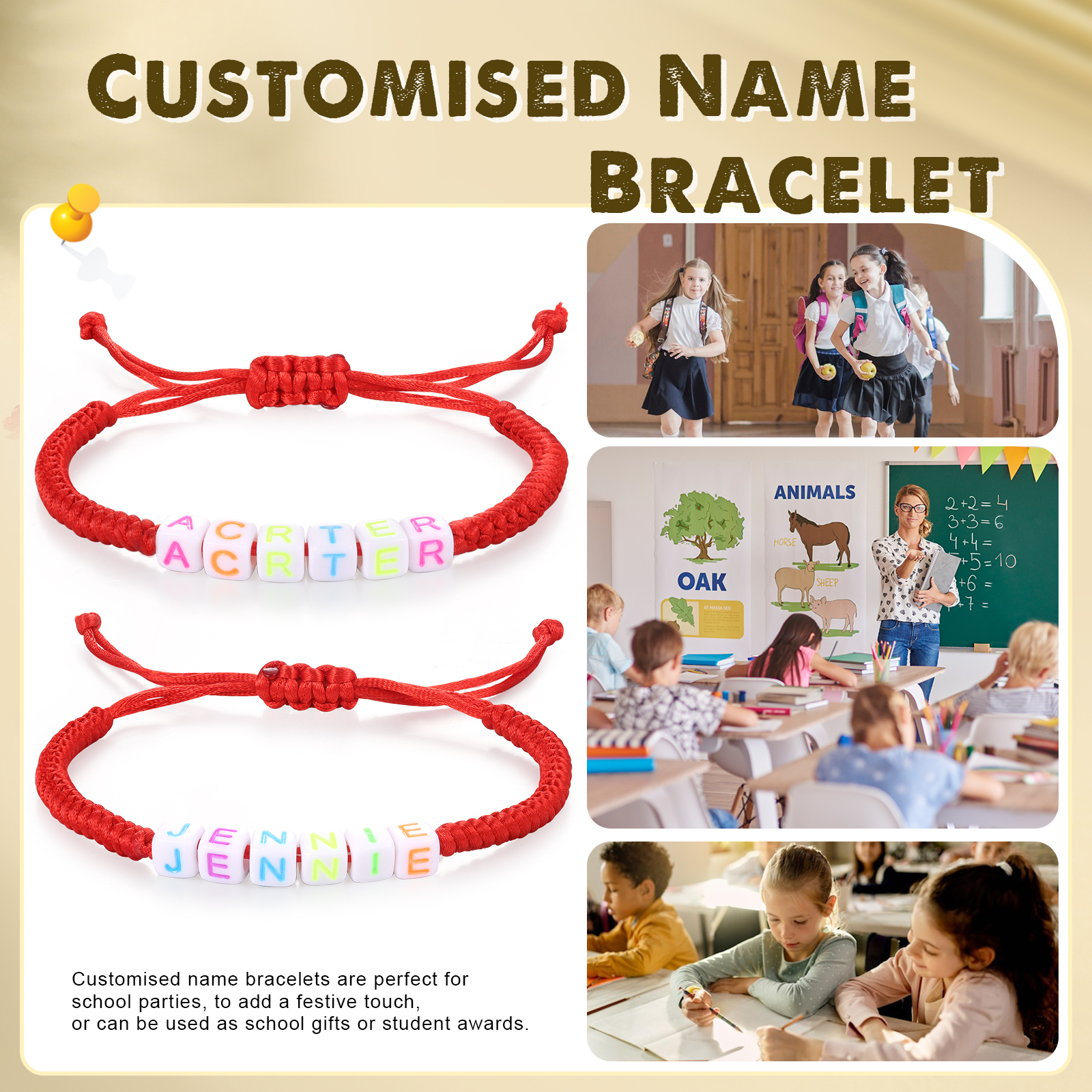 2PCS-Personalized 2 Name Braided Cord Square Handmade Bracelet, Back to School Gift for Daughter