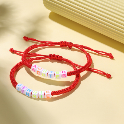 2PCS-Personalized 2 Name Braided Cord Square Handmade Bracelet, Back to School Gift for Daughter