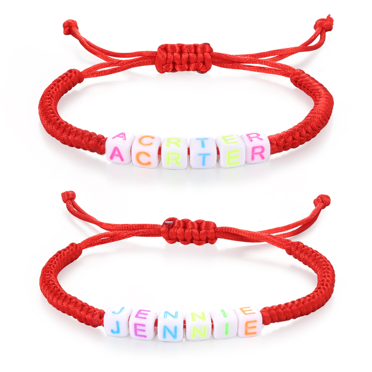 2PCS-Personalized 2 Name Braided Cord Square Handmade Bracelet, Back to School Gift for Daughter