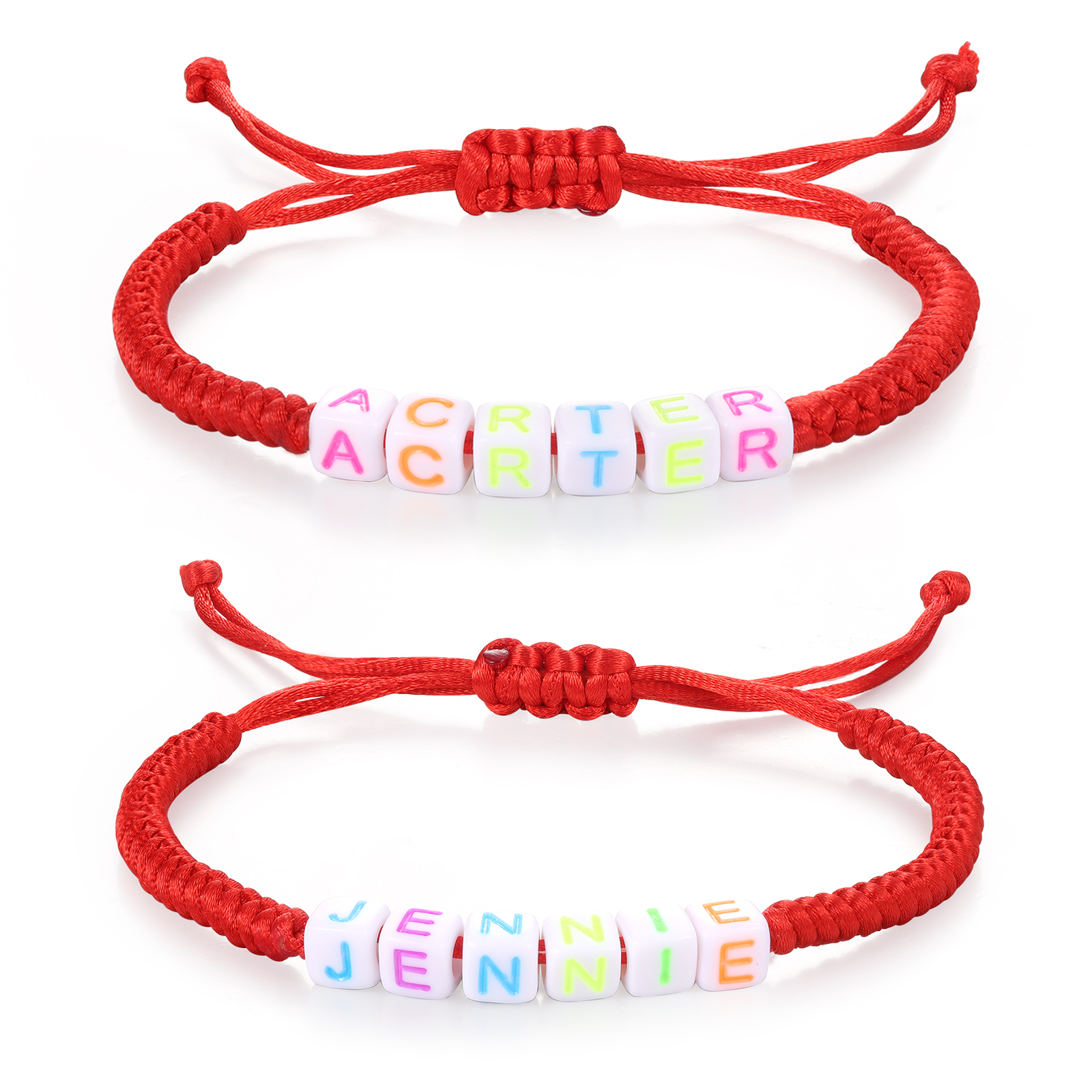 2PCS-Personalized 2 Name Braided Cord Square Handmade Bracelet, Back to School Gift for Daughter