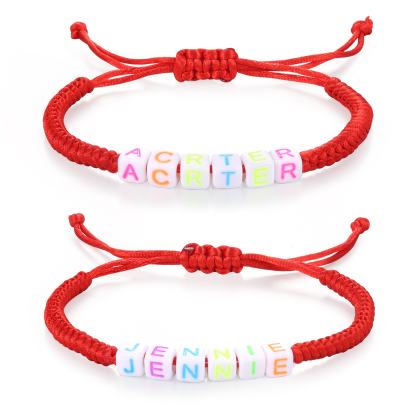 2PCS-Personalized 2 Name Braided Cord Square Handmade Bracelet, Back to School Gift for Daughter