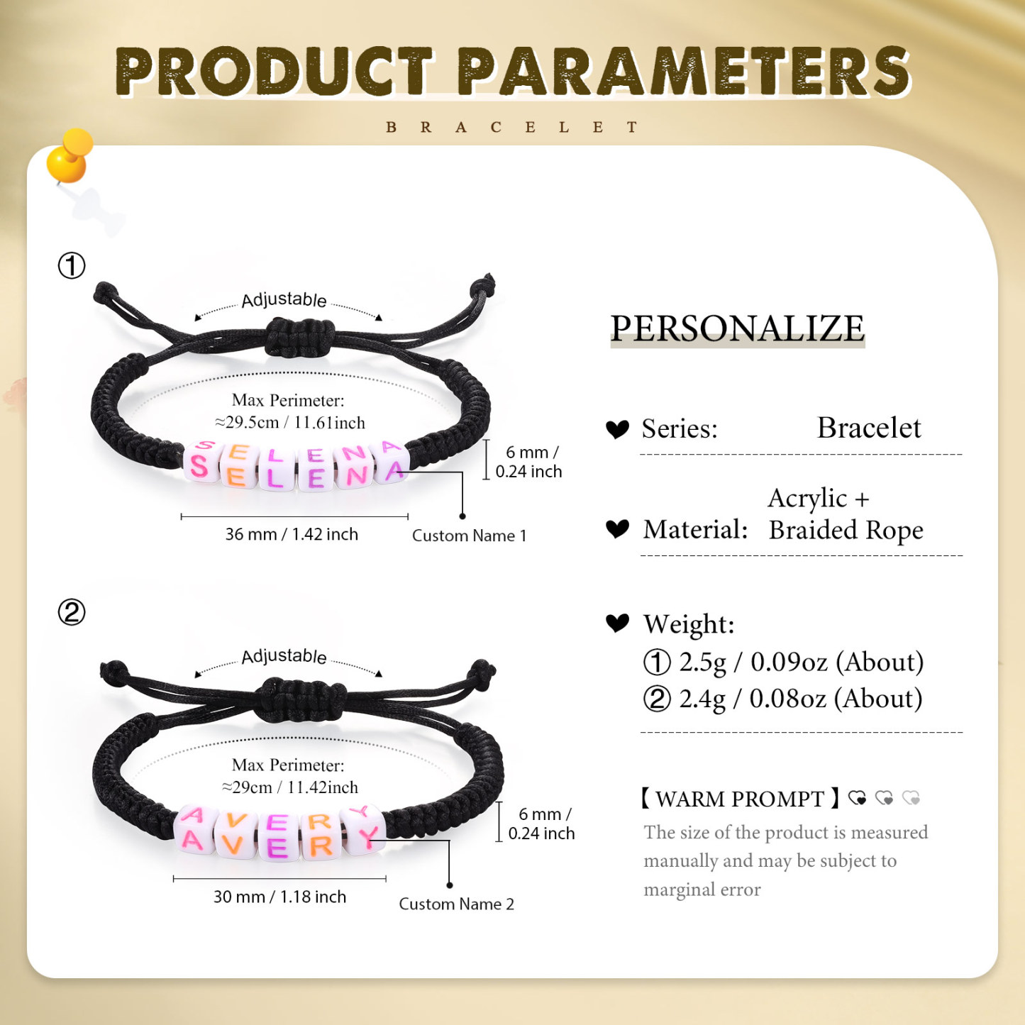 2PCS-Personalized 2 Name Braided Cord Square Handmade Bracelet, Back to School Gift for Daughter