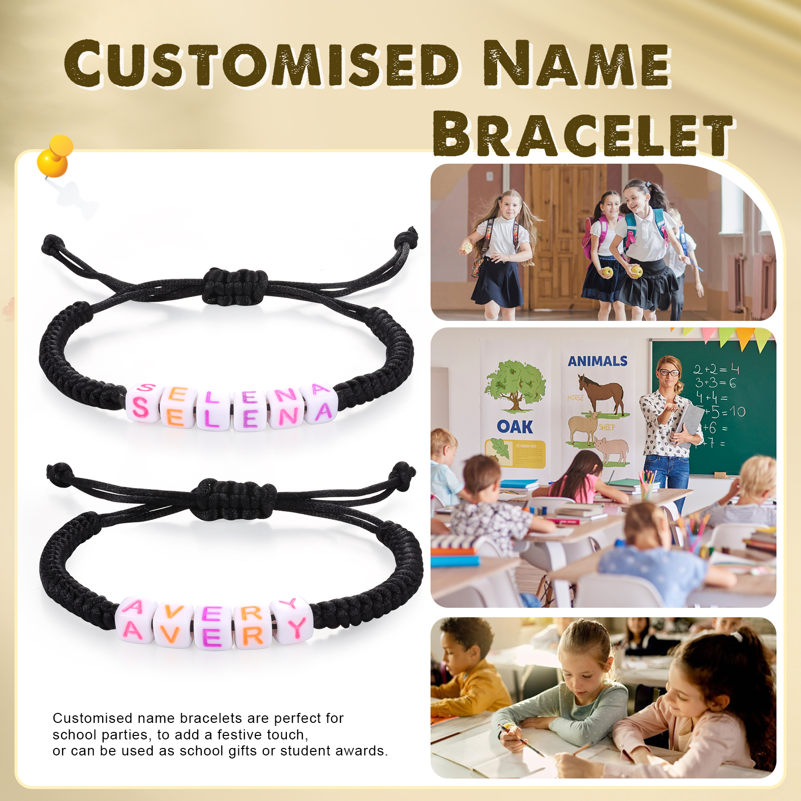 2PCS-Personalized 2 Name Braided Cord Square Handmade Bracelet, Back to School Gift for Daughter