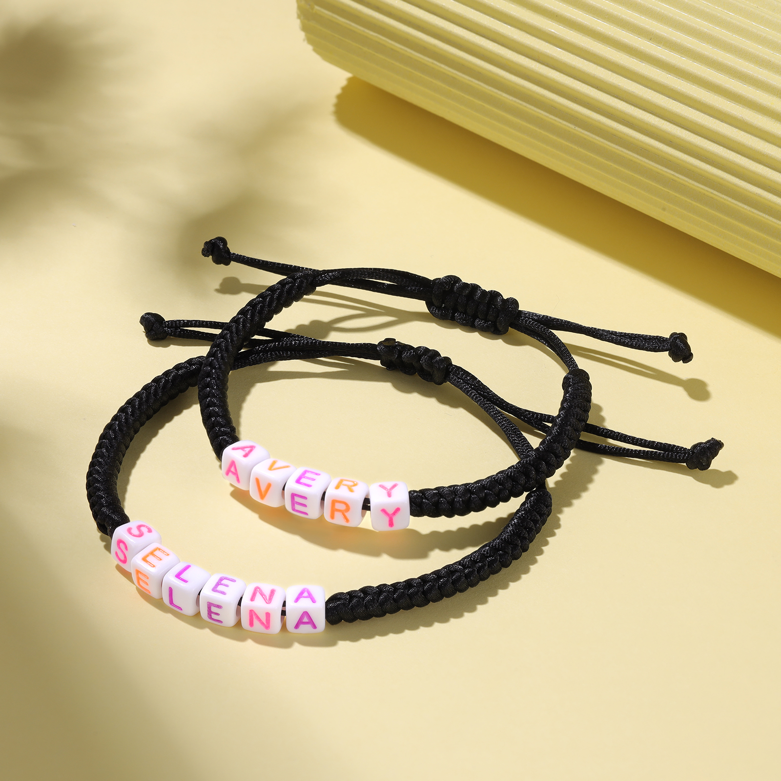 2PCS-Personalized 2 Name Braided Cord Square Handmade Bracelet, Back to School Gift for Daughter