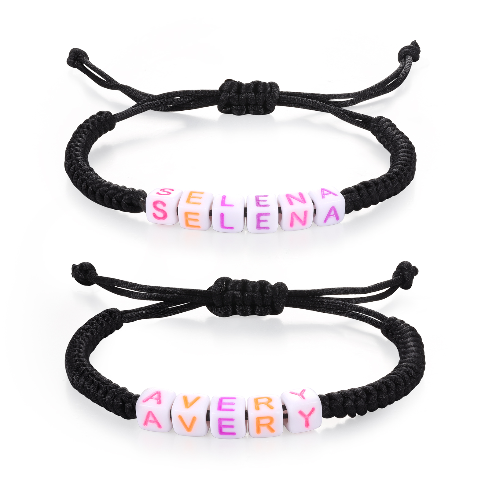 2PCS-Personalized 2 Name Braided Cord Square Handmade Bracelet, Back to School Gift for Daughter