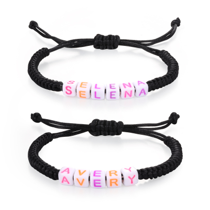 2PCS-Personalized 2 Name Braided Cord Square Handmade Bracelet, Back to School Gift for Daughter