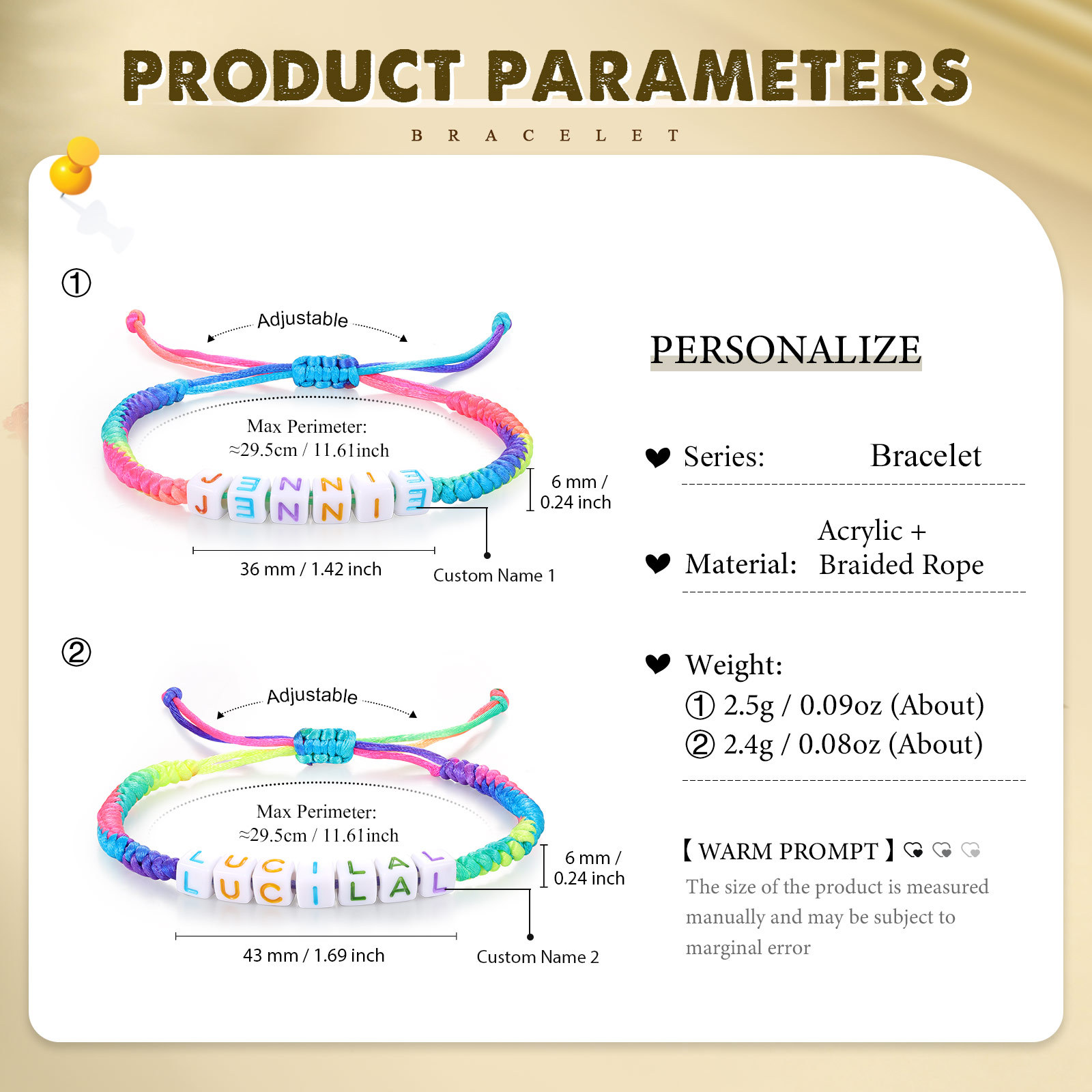 2PCS-Personalized 2 Name Braided Cord Square Handmade Bracelet, Back to School Gift for Daughter