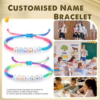 2PCS-Personalized 2 Name Braided Cord Square Handmade Bracelet, Back to School Gift for Daughter