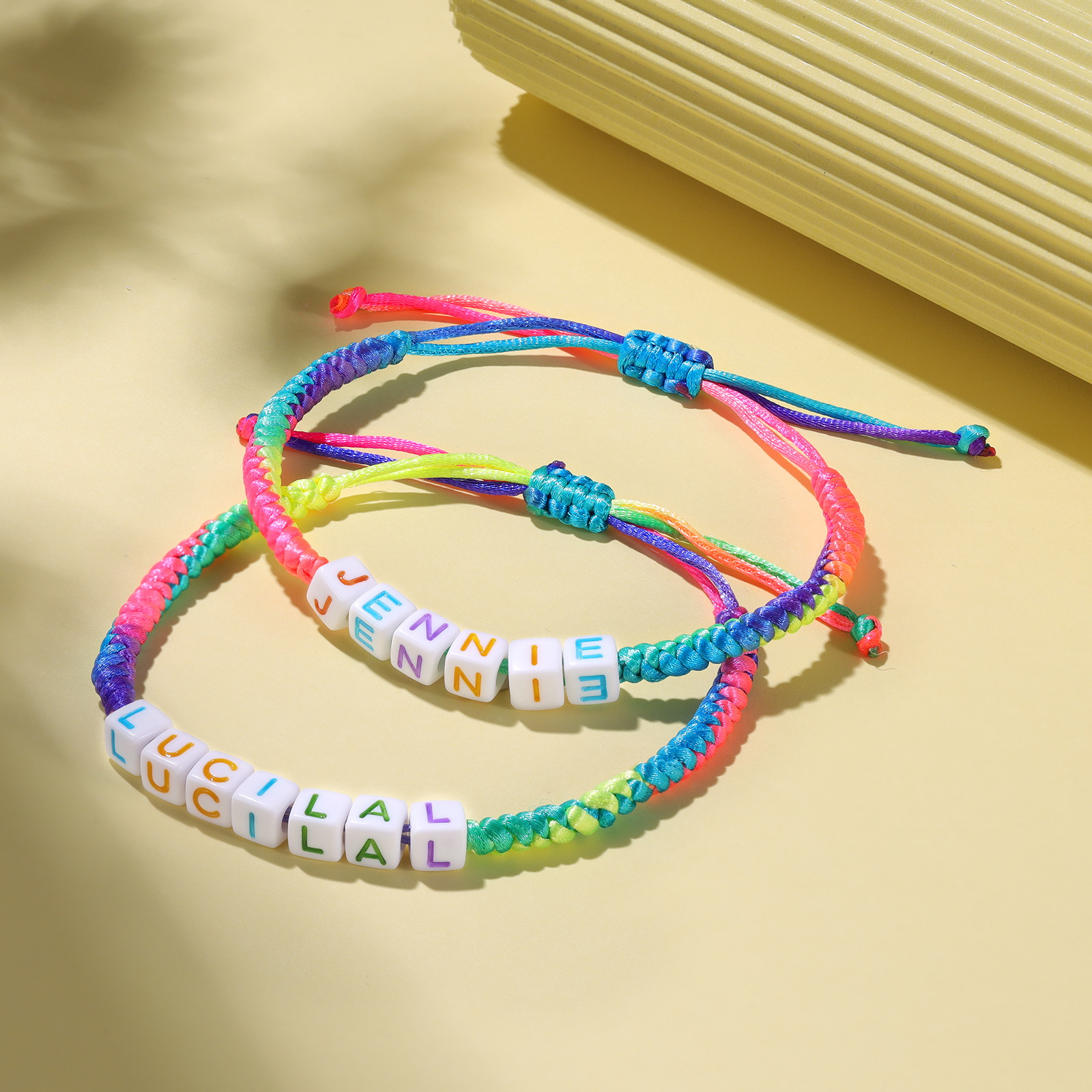 2PCS-Personalized 2 Name Braided Cord Square Handmade Bracelet, Back to School Gift for Daughter