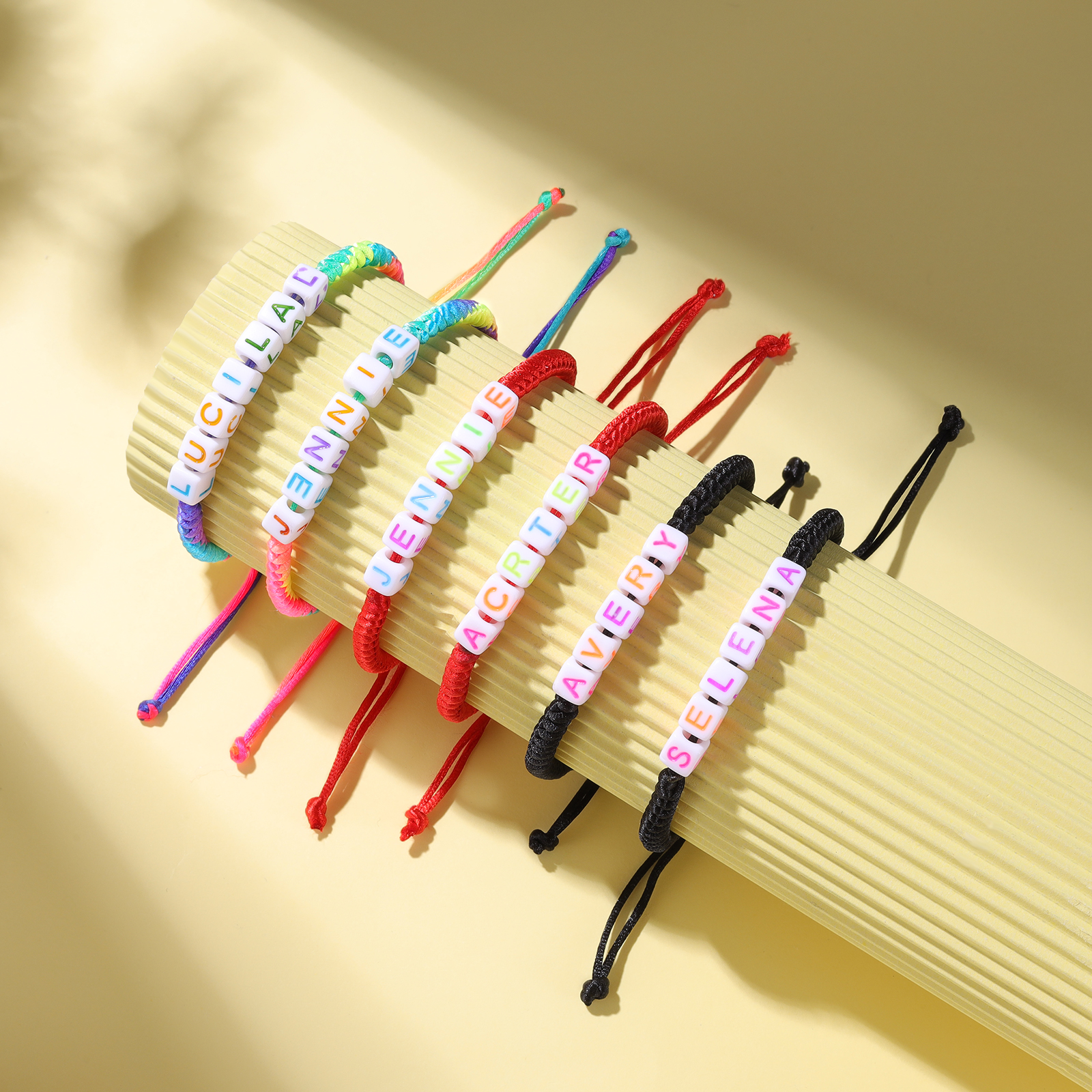 2PCS-Personalized 2 Name Braided Cord Square Handmade Bracelet, Back to School Gift for Daughter