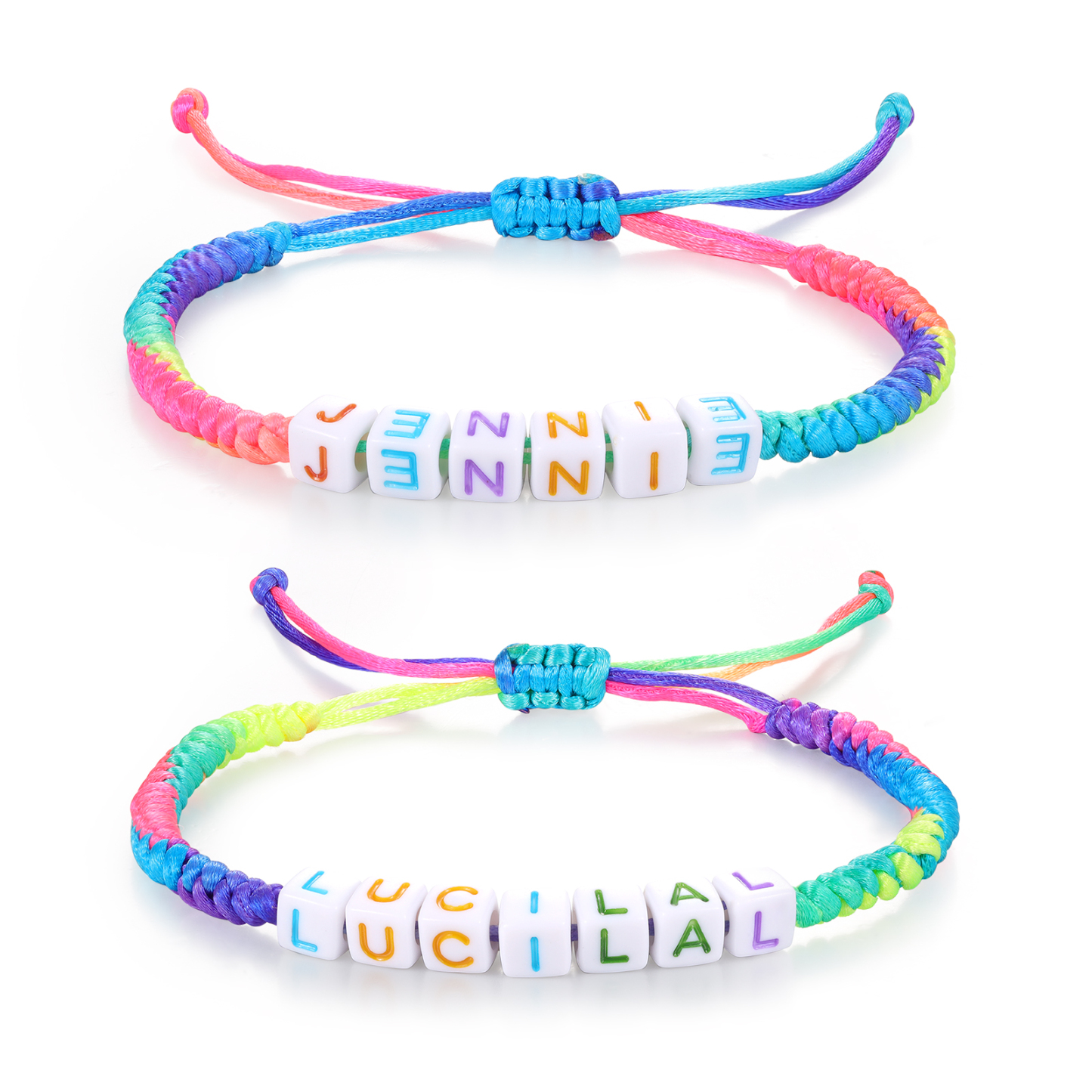 2PCS-Personalized 2 Name Braided Cord Square Handmade Bracelet, Back to School Gift for Daughter