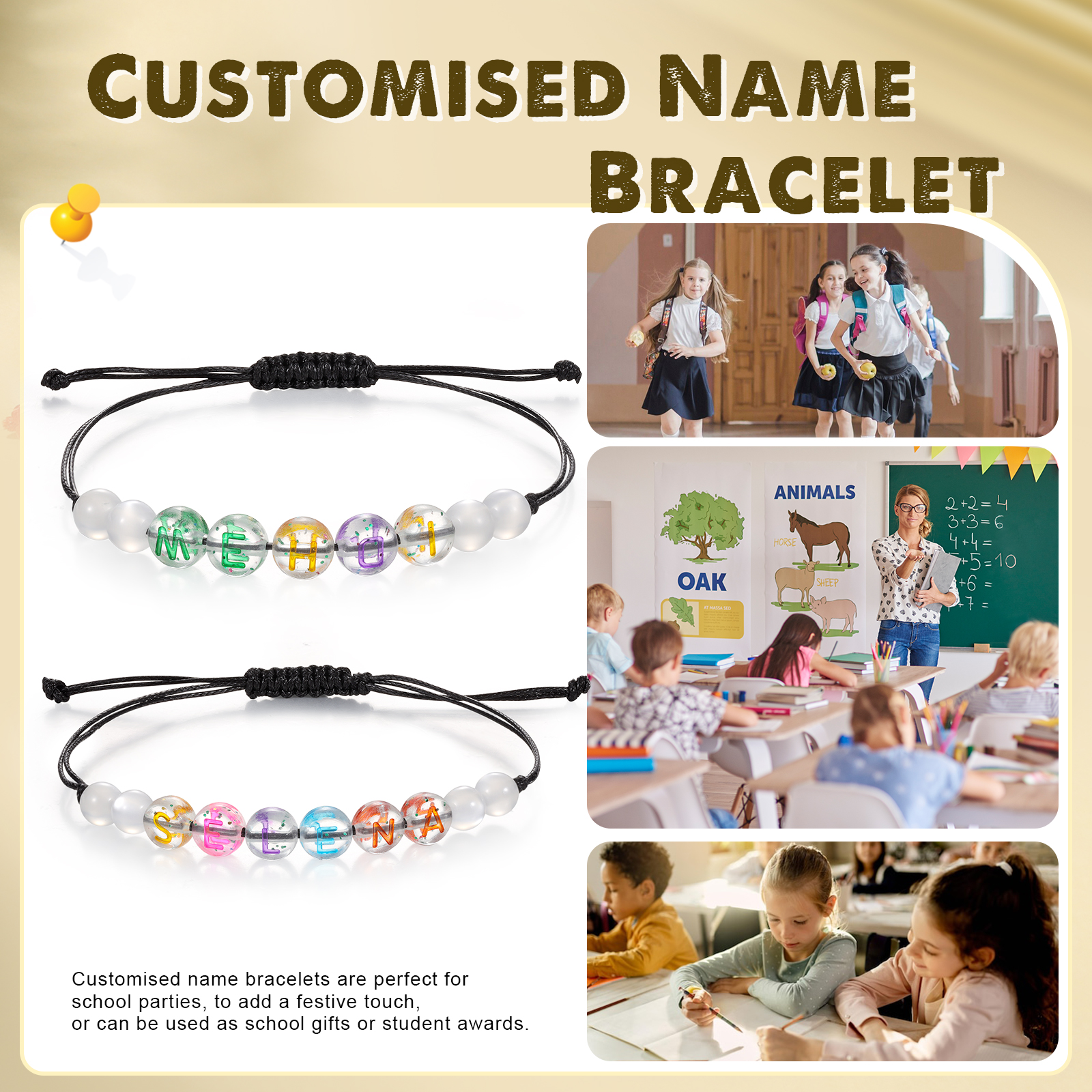 2PCS - Personalized 2 Name Braided Cord Bead Handmade Bracelet, Back to School Gift for Daughter