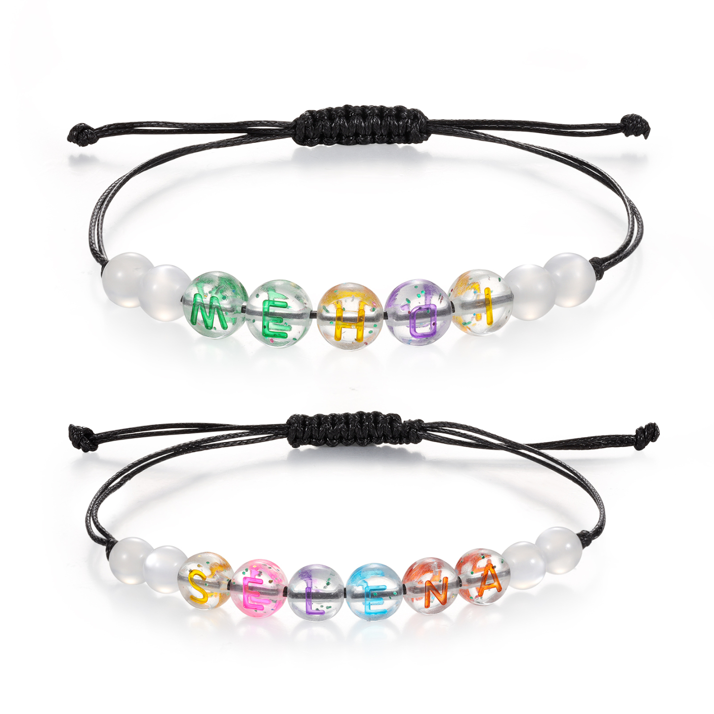 2PCS - Personalized 2 Name Braided Cord Bead Handmade Bracelet, Back to School Gift for Daughter