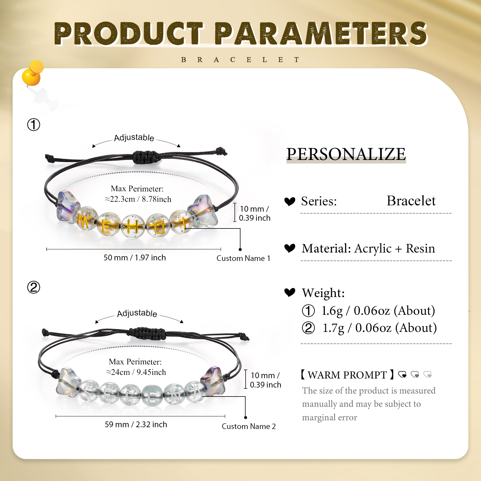 2PCS - Personalized 2 Name Braided Cord Bead Handmade Bracelet, Back to School Gift for Daughter