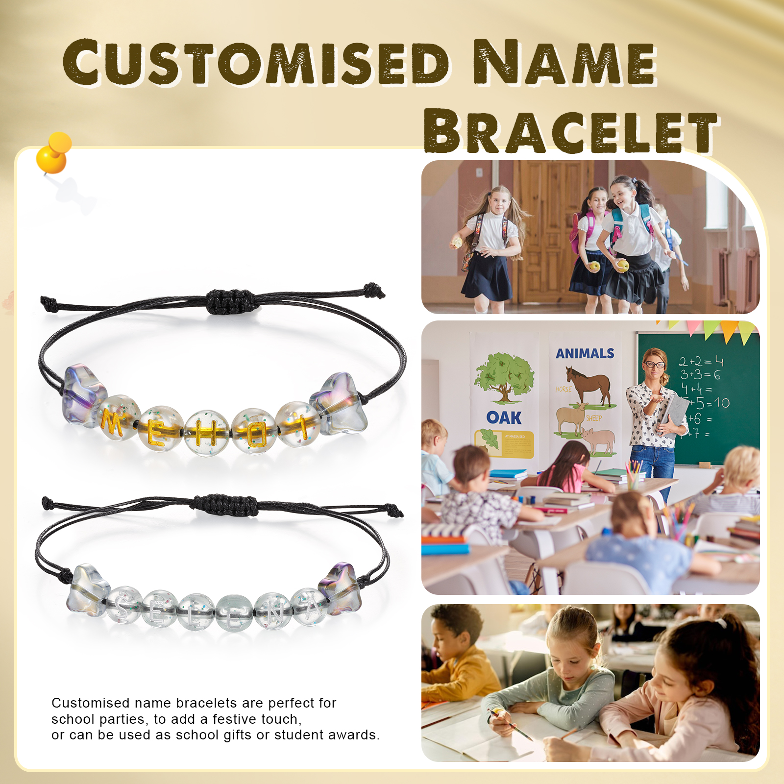 2PCS - Personalized 2 Name Braided Cord Bead Handmade Bracelet, Back to School Gift for Daughter