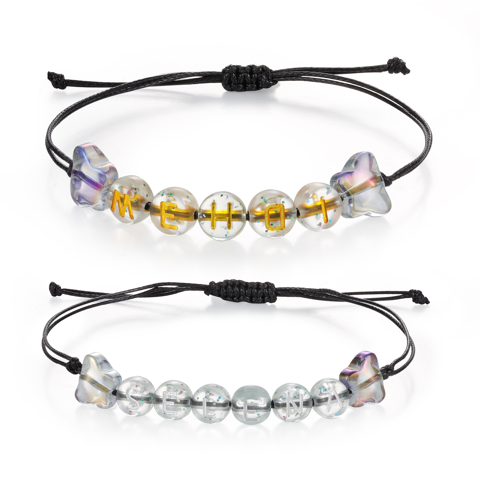 2PCS - Personalized 2 Name Braided Cord Bead Handmade Bracelet, Back to School Gift for Daughter