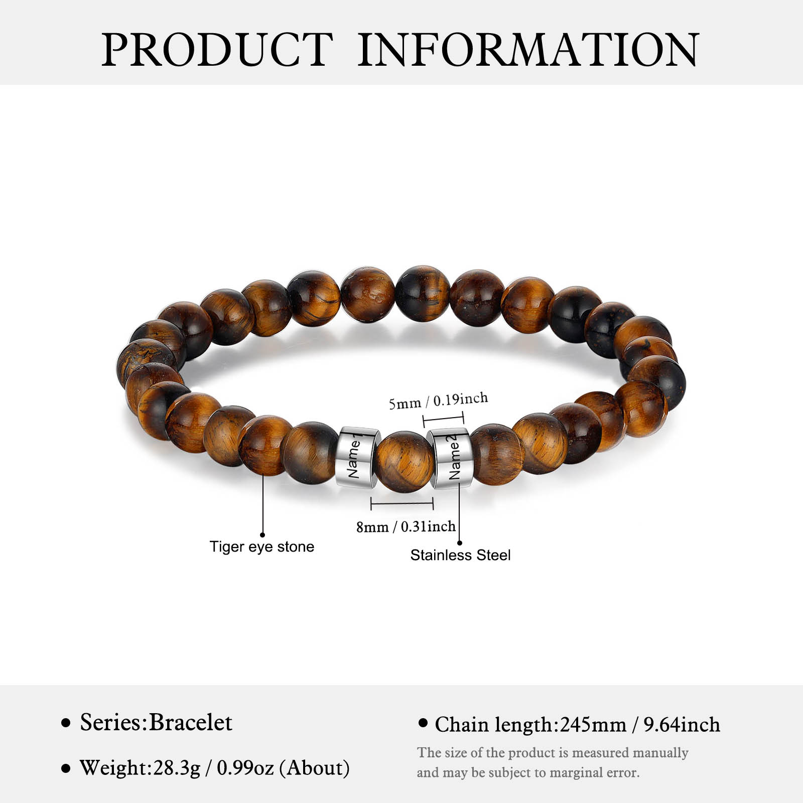 2 Names Brown Tiger Eye Stone Bracelet Men'S Bracelet Customized Gift For Him