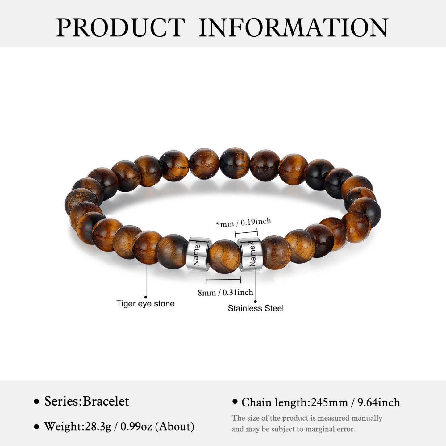 2 Names Brown Tiger Eye Stone Bracelet Men'S Bracelet Customized Gift For Him