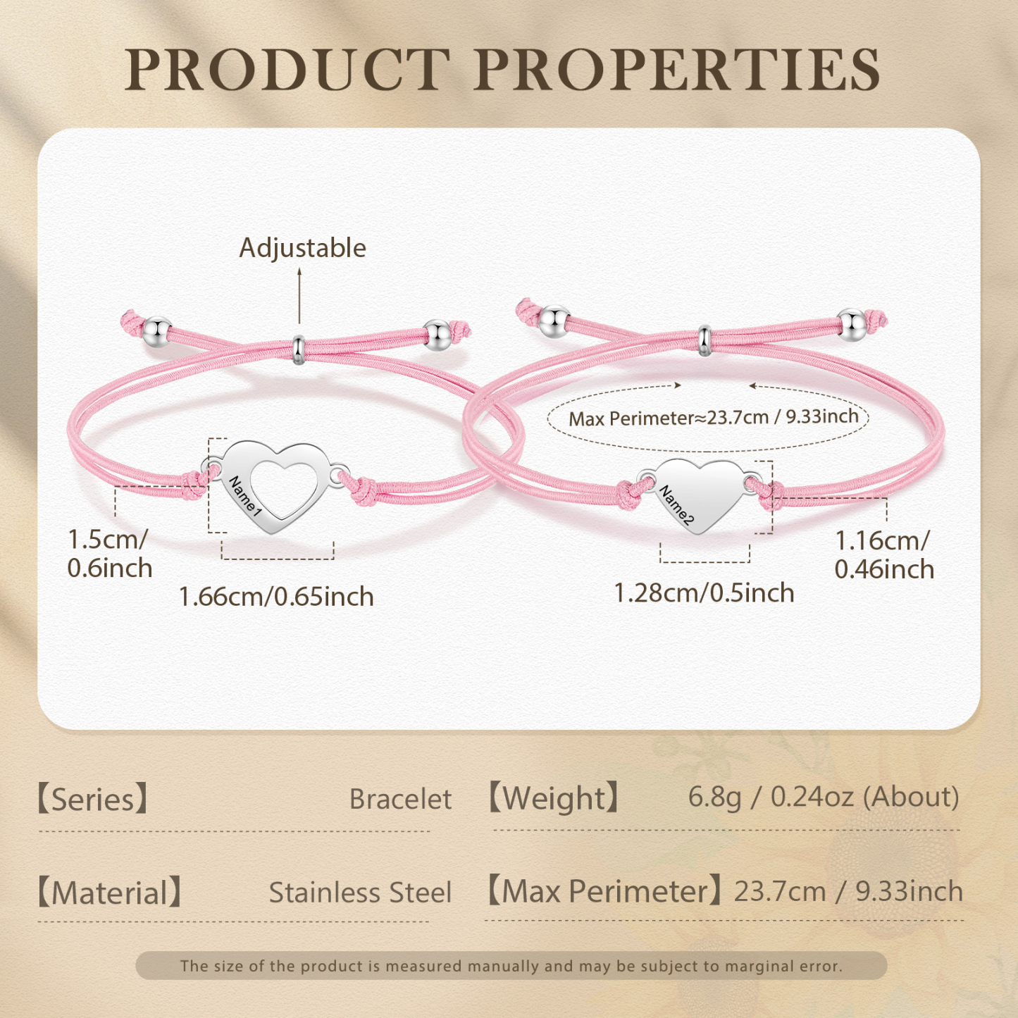 2-PCS Personalized 2 Names Elastic Cord Heart Bracelet, Back To School Gift For Daughter