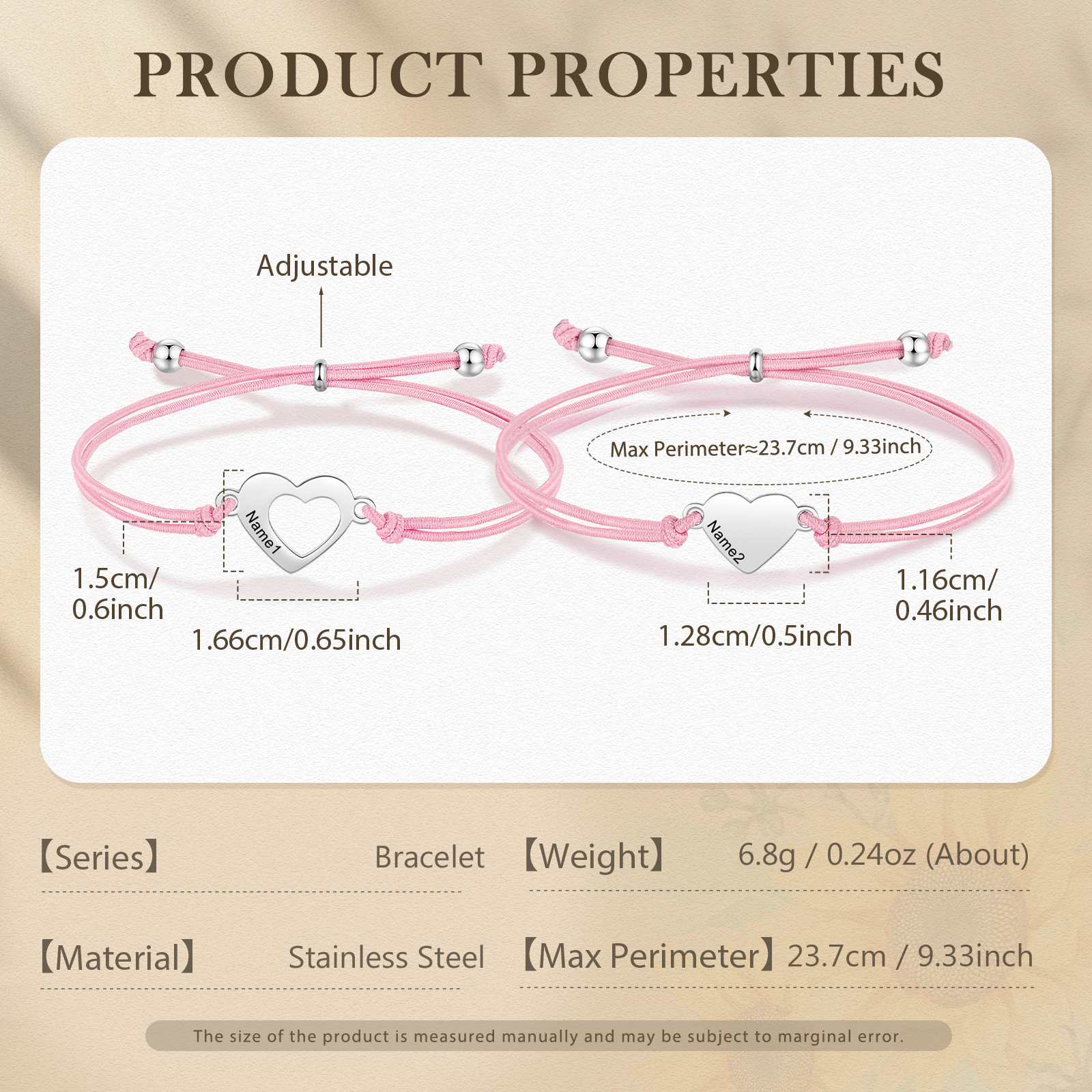 2-PCS Personalized 2 Names Elastic Cord Heart Bracelet, Back To School Gift For Daughter